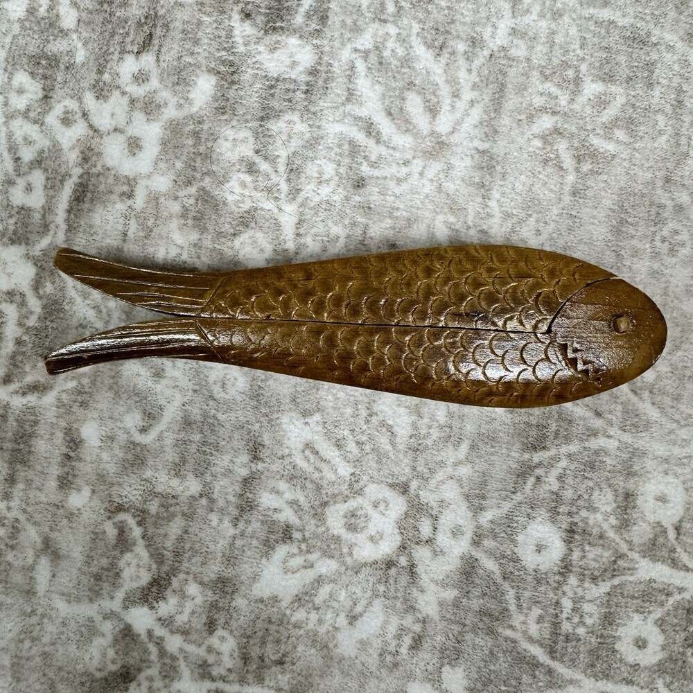 Vintage 1970s Carved Wood Fish Shape Double Nut Cracker 8" Folk Art Decor 25-EUC